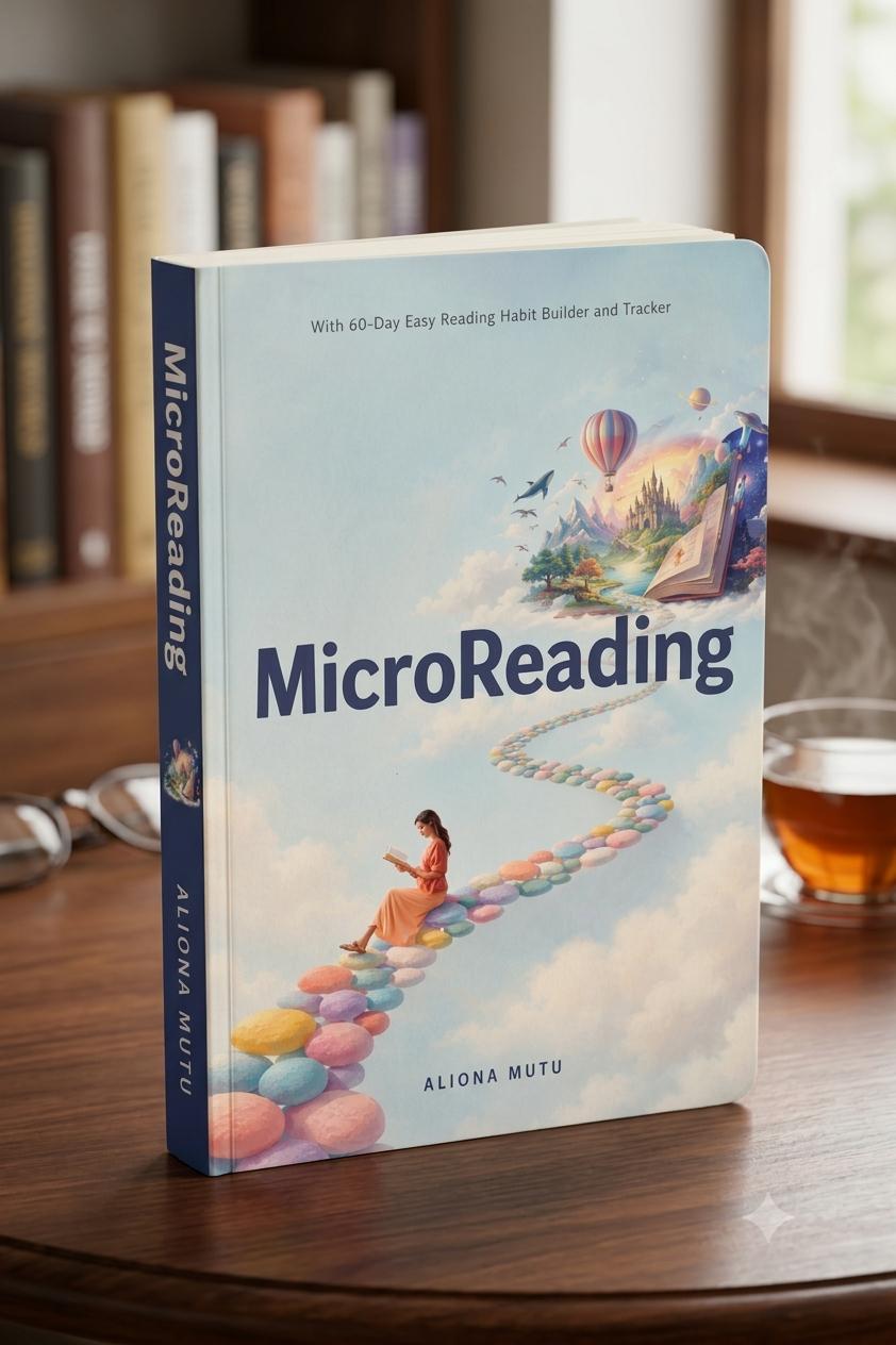 The MicroReading book by Aliona Mutu standing on a wooden desk beside a cup of tea and reading glasses, its cover showing a reader on a path of pastel stepping stones winding up through the clouds.